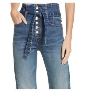 Veronica Beard Wide Leg Button Fly Belted Jeans Blue Medium Wash Raw Hem